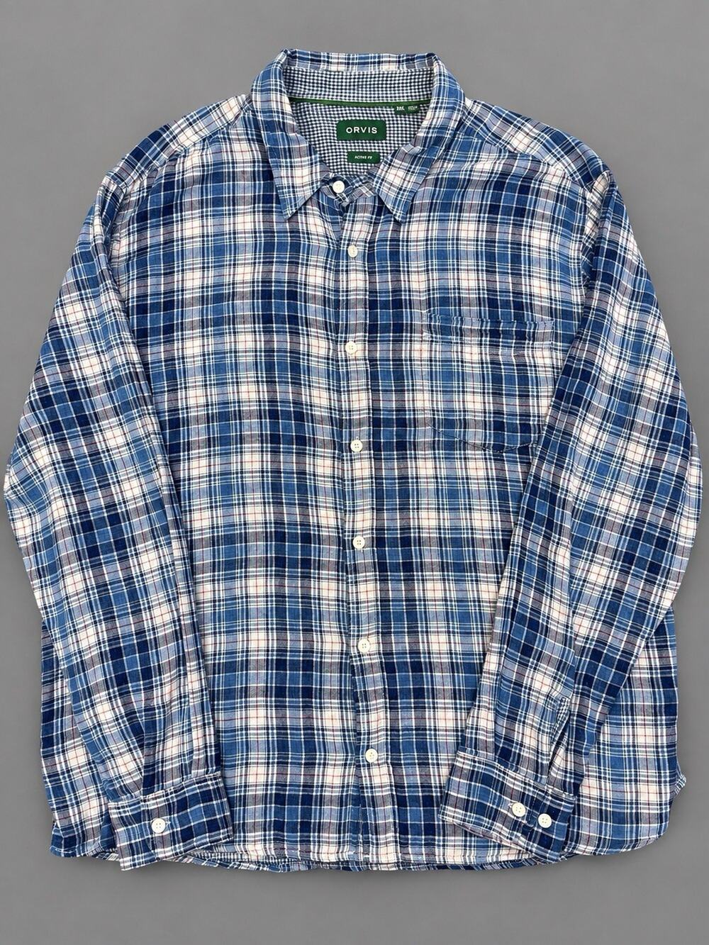 Orvis Active Fit XXL Blue Plaid 100% Cotton Long Sleeve Flannel Button Up 3KMK